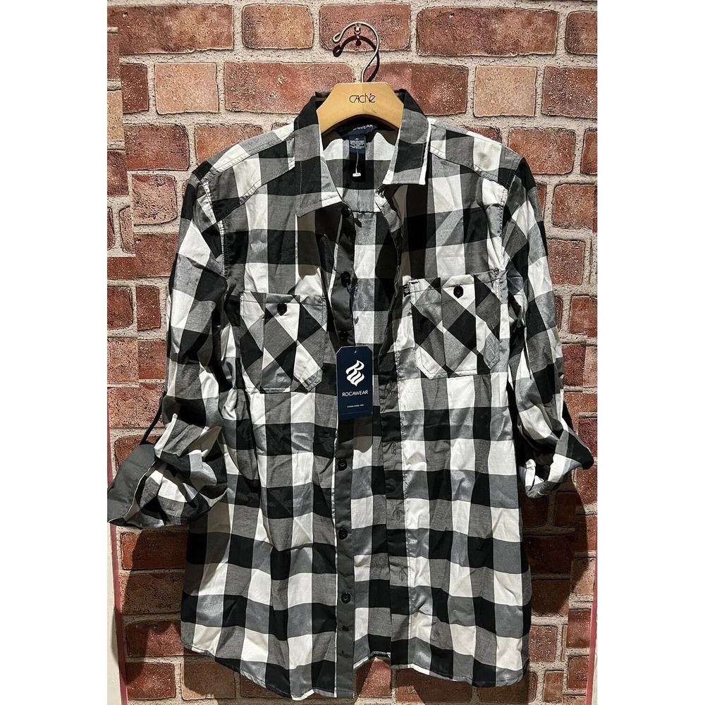 NWT RocaWear Mens LongSlv Plaid Flannel Black&White Button Down Shirt Size S